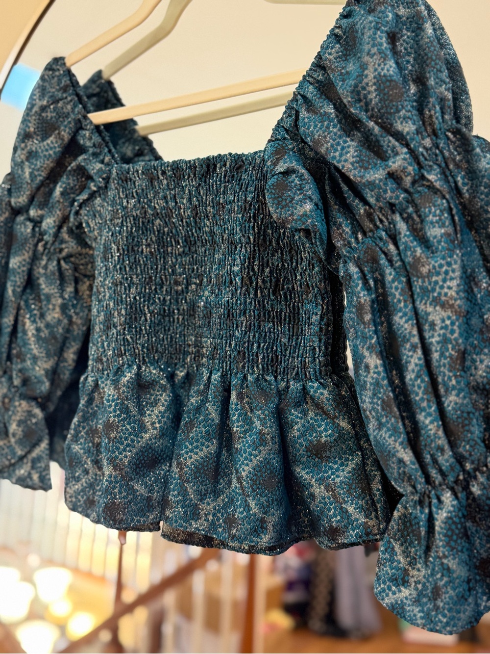 MISA Los Angeles Smocked Crop Top with Ruffle Sleeve ~ NWOT Size M